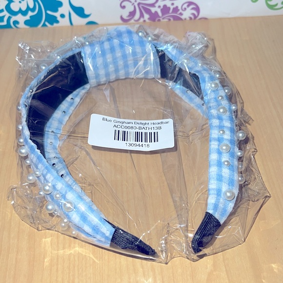 Blue Gingham & Pearls Headband *NEW* - Picture 8 of 8